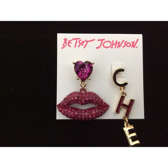 BETSEY JOHNSON RED LIPS CHEERS MISMATCH EARRINGS CELEBRATION NEW YEARS BLING - Picture 2 of 10